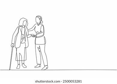 Single one line drawing the female caregiver patiently helps the old grandmother walk. Long stick as a walking aid. Responsible. Caregiver Appreciation Day. Continuous line design graphic illustration