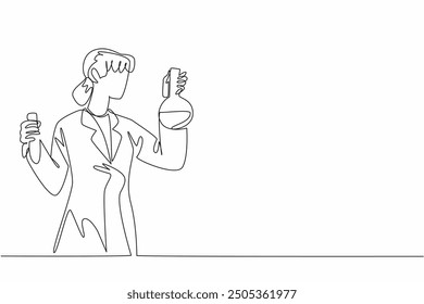 Single one line drawing female scientist holding test tube and measuring flask. Working in the lab. Testing to develop vaccines. Celebrate Scientists Day. Continuous line design graphic illustration