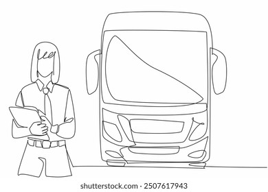 Single one line drawing female bus driver standing holding clipboard. Checking manifest data. Preparation before departure. Transit Driver Appreciation Day. Continuous line design graphic illustration