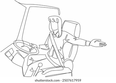 Single one line drawing the female driver kindly made a welcoming gesture. Please take a seat. The journey will begin soon. Transit Driver Appreciation Day. Continuous line design graphic illustration