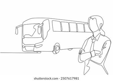 Single one line drawing female driver pose with arms cross on chest. Waiting for everyone to return to the bus. Rest area. Transit Driver Appreciation Day. Continuous line design graphic illustration