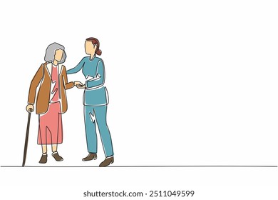 Una sola línea dibujando a la cuidadora pacientemente ayuda a la anciana abuela a caminar. Palo largo como ayuda para caminar. Responsable. Día de Apreciación del Cuidador. Ilustración gráfica de diseño de línea continua