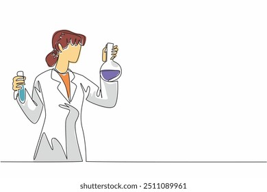 Uma única linha desenhando a cientista feminina segurando o tubo de ensaio e o frasco de medição. Trabalhando no laboratório. Testes para desenvolver vacinas. Comemore o Dia dos Cientistas. Ilustração gráfica de design de linha contínua