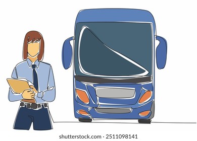 Single one line drawing female bus driver standing holding clipboard. Checking manifest data. Preparation before departure. Transit Driver Appreciation Day. Continuous line design graphic illustration