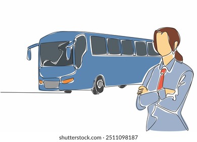 Single one line drawing female driver pose with arms cross on chest. Waiting for everyone to return to the bus. Rest area. Transit Driver Appreciation Day. Continuous line design graphic illustration