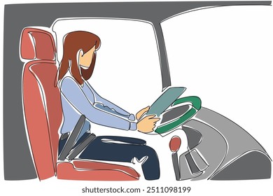 Uma única linha desenhando a motorista feminina segurando a área de transferência. Verifique novamente o número real de passageiros nos dados. Vaivém. Dia de Apreciação do Motorista de Trânsito.  Ilustração gráfica de design de linha contínua