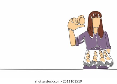 Single one line drawing female farmer shows the moment of harvesting chicken eggs. Provide the best quality of animal feed. Protein. National Poultry Day. Continuous line design graphic illustration