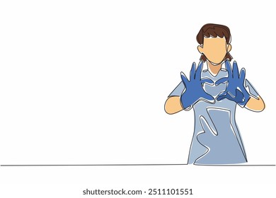 Uma única linha desenhando a enfermeira feminina forma o gesto cardíaco com as mãos. Amo nossos profissionais médicos. Devoção sincera. Dedicação. Dia das Enfermeiras Certificadas. Ilustração gráfica de design de linha contínua