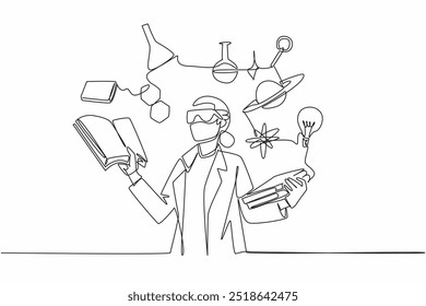 Single one line drawing female scientist surrounded by scientific symbols. Symbolizing knowledge. Research. The contributions of women in STEM fields. Continuous line design graphic illustration