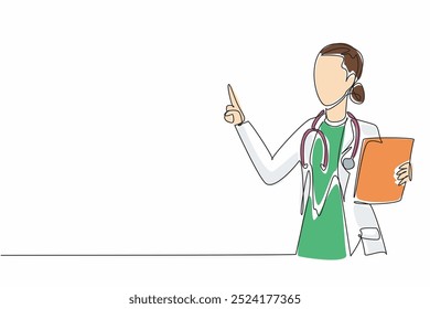 Uma única linha desenhando a médica mulher segurando a prancheta. Liderança, conhecimento e dedicação ao seu trabalho. Sempre contribua. Dia Nacional da Mulher Médica. Ilustração gráfica de design de linha contínua