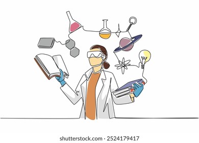 Single one line drawing female scientist surrounded by scientific symbols. Symbolizing knowledge. Research. The contributions of women in STEM fields. Continuous line design graphic illustration