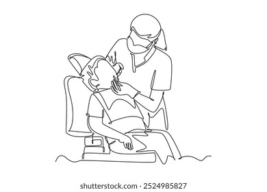 Desenho de uma única linha de dentista mulher examinando o estado do paciente do menino na clínica dentária. Conceito de profissionais de serviços de saúde médica. Ilustração de vetor gráfico de design de desenho de linha contínua