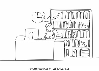 Single one line drawing female librarian sitting in chair typing on keyboard. Daily routine activities. Notes for simplicity. National School Librarian Day. Continuous line design graphic illustration