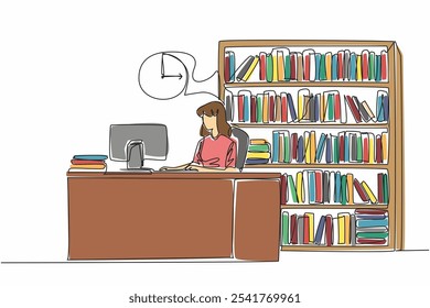 Single one line drawing female librarian sitting in chair typing on keyboard. Daily routine activities. Notes for simplicity. National School Librarian Day. Continuous line design graphic illustration