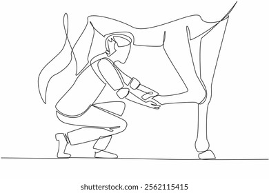 Single one line drawing female veterinarian examining leg of horse. Performing a check because the horse is limping. Profession. National Help A Horse Day. Continuous line design graphic illustration