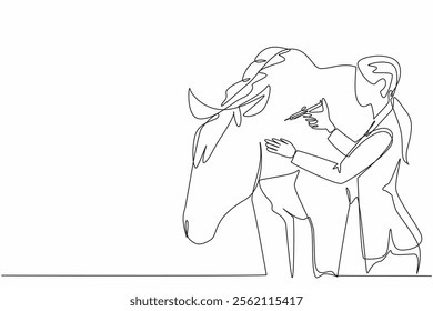 Single one line drawing female veterinarian is injecting a horse in the neck. Injecting multivitamins for a speedy recovery. National Help A Horse Day. Continuous line design graphic illustration