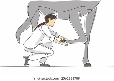 Single one line drawing female veterinarian examining leg of horse. Performing a check because the horse is limping. Profession. National Help A Horse Day. Continuous line design graphic illustration