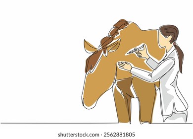 Single one line drawing female veterinarian is injecting a horse in the neck. Injecting multivitamins for a speedy recovery. National Help A Horse Day. Continuous line design graphic illustration