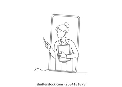 Single one line drawing a Female doctor giving directions online to patient. Continuous line draw design graphic vector illustration
