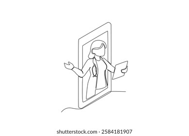 Single one line drawing a Female doctor giving directions to patient virtually2. Continuous line draw design graphic vector illustration
