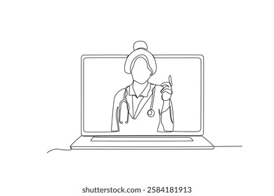 Single one line drawing a Female doctor giving directions to patient virtually3. Continuous line draw design graphic vector illustration
