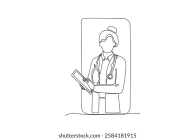 Single one line drawing a Female doctor who connects virtually with patients. Continuous line draw design graphic vector illustration
