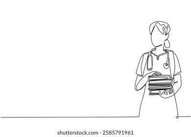 Single one line drawing female student nurse carrying bag and carrying a pile of books. Theory books to apply during internship. National Student Nurse Day. Continuous line design graphic illustration