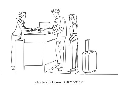 Single one line drawing a female receptionist is giving cards to a husband and wife visitor. Access card to enter the magnificent room. Receptionist Day. Continuous line design graphic illustration