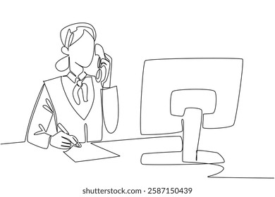 Single one line drawing a female receptionist writing in book and her other hand holding the telephone receiver. Take notes to remember. Receptionist Day. Continuous line design graphic illustration