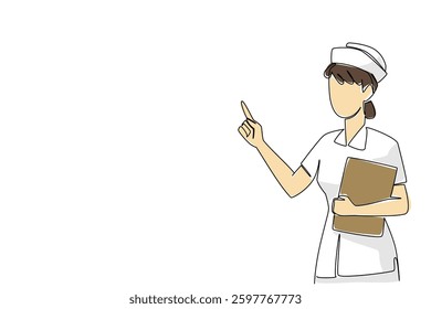 Single one line drawing female nurse with nurse cap holding clipboard and pointing hand. Providing guidance during treatment period. National Nurses Day. Continuous line design graphic illustration