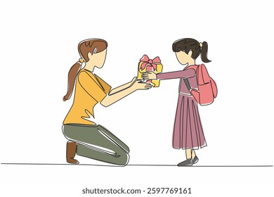 Single one line drawing a female student gives a gift box to a female teacher. Expression of appreciation. Patience in guiding. National Day of Teacher. Continuous line design graphic illustration