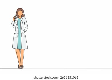 Single one line drawing female doctor holding medical injection syringe. Doctor wearing protective medical mask and gloves holding syringe in hand. Continuous line design graphic vector illustration