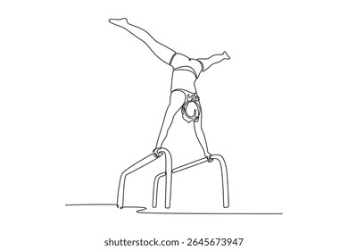 Uma única linha desenhando ginasta feminina realizando em barras paralelas ginástica de competição. Jovem atleta menina fazendo complicado truque excitante. Ilustração de vetor gráfico de design de desenho de linha contínua