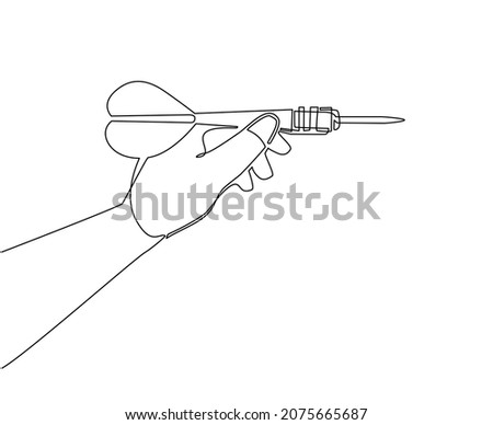Single one line drawing female hand gently takes small arrow for sport darts game with her fingers and aims for accurate target throwing. Modern continuous line draw design graphic vector illustration