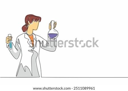 Single one line drawing female scientist holding test tube and measuring flask. Working in the lab. Testing to develop vaccines. Celebrate Scientists Day. Continuous line design graphic illustration