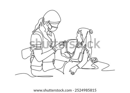 Single one line drawing female dentist examining and doing filling tooth to little beautiful girl patient. Teeth treatment care concept. Modern continuous line draw design graphic vector illustration