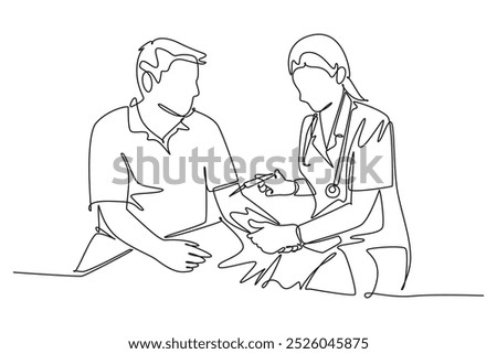 Single one line drawing of female doctor or nurse giving vaccine injection to cure sick male patient at hospital. Medical health care treatment. Continuous line draw design graphic vector illustration
