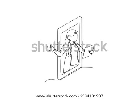 Single one line drawing a Female doctor giving directions to patient virtually2. Continuous line draw design graphic vector illustration
