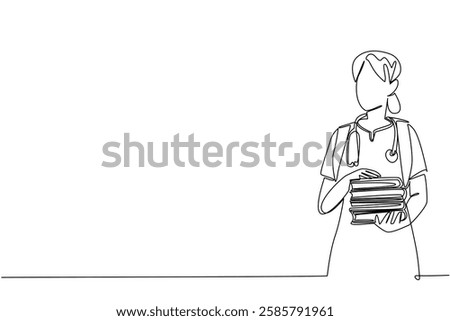 Single one line drawing female student nurse carrying bag and carrying a pile of books. Theory books to apply during internship. National Student Nurse Day. Continuous line design graphic illustration