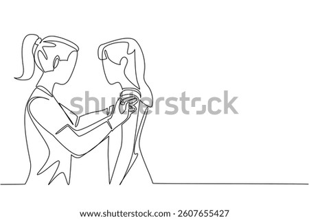 Single one line drawing female doctor giving injection to female patient. Vitamin C injection. Prevent influenza. Healthy living. National Safety Dose Day. Continuous line design graphic illustration