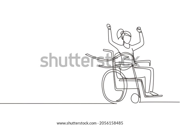 Single one line drawing female young\
wheelchair user crossing red finish line. Happy winner, successful\
champion. Society, disabled people community. Continuous line draw\
design vector\
illustration