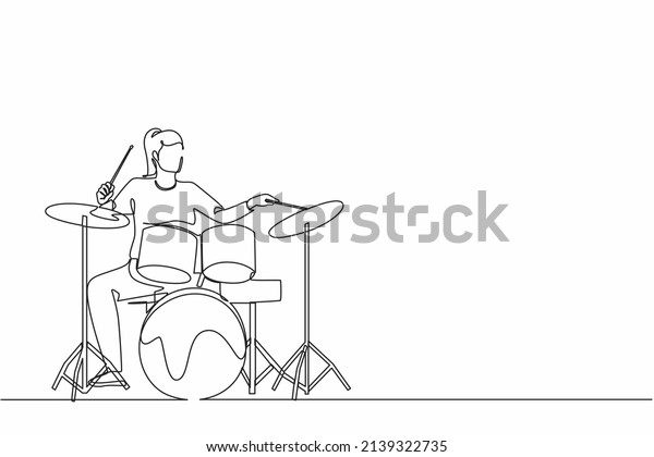 Single one line drawing female musician, jazz,\
rock and roll playing drum instruments, percussion. Music festival,\
pop concert, wedding party performance. Continuous line draw design\
graphic vector