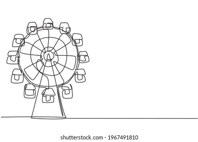 Single one line drawing of a ferirs wheel in an amusement park, a circular circle turning high in the sky. Festival play ride concept. Modern continuous line draw design graphic vector illustration