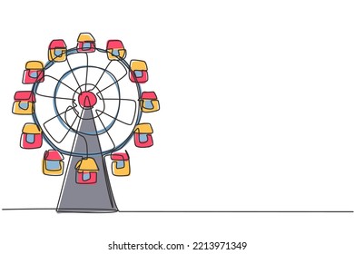 Single one line drawing of a ferirs wheel in an amusement park, a circular circle turning high in the sky. Festival play ride concept. Modern continuous line draw design graphic vector illustration