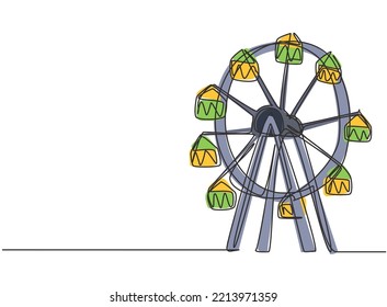 Single one line drawing ferris wheel in an amusement park  large circular circle high in the sky  Interesting recreational rides for families  One line draw design graphic vector illustration 
