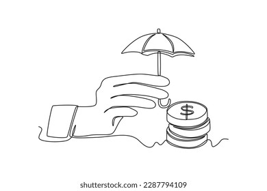 Single one line drawing financial safety with umbrella. Bank concept. Continuous line draw design graphic vector illustration.