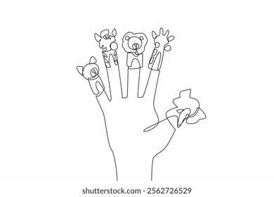 Single one line drawing finger puppet on all fingers. Friendship between elephant, lion, giraffe, zebra, civet. Great performance. National Day of Puppetry. Continuous line design graphic illustration