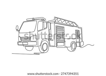 Single one line drawing fire truck with storage compartments and roof equipment. Essential form of this life-saving emergency transport vehicle. Continuous line draw design graphic vector illustration