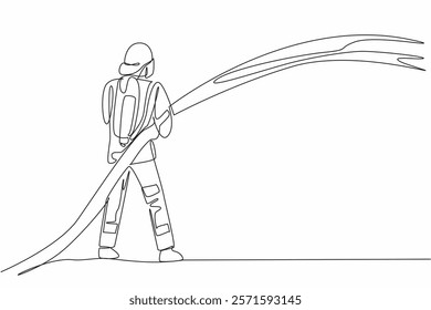 Single one line drawing firefighter standing holding a fire hose that sprays water. Extinguish the source of fire. Fighter. International Firefighters Day. Continuous line design graphic illustration