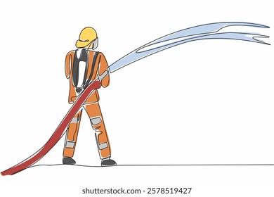 Single one line drawing firefighter standing holding a fire hose that sprays water. Extinguish the source of fire. Fighter. International Firefighters Day. Continuous line design graphic illustration